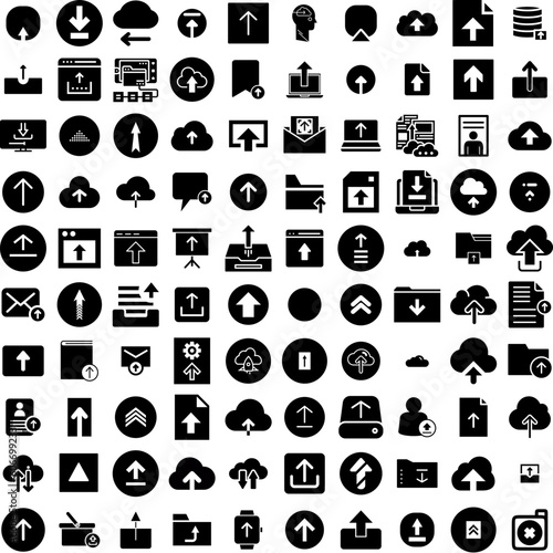 Collection Of 100 Upload Icons Set Isolated Solid Silhouette Icons Including Icon, Vector, Internet, Website, Technology, Upload, Web Infographic Elements Vector Illustration Logo