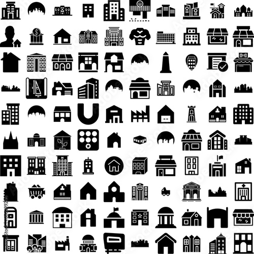 Collection Of 100 Building Icons Set Isolated Solid Silhouette Icons Including Construction, City, Urban, Business, Architecture, Office, Building Infographic Elements Vector Illustration Logo