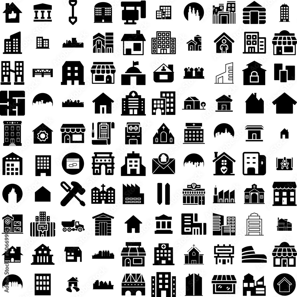 Collection Of 100 Building Icons Set Isolated Solid Silhouette Icons Including Business, Urban, Construction, Building, City, Office, Architecture Infographic Elements Vector Illustration Logo