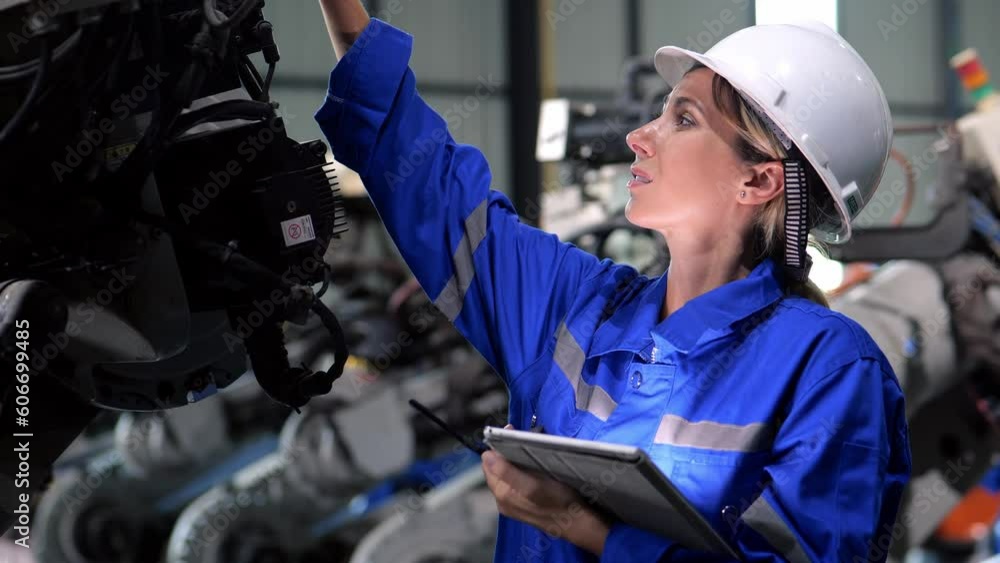 video 4k slow motion of young Caucasian female engineer, technician wearing safety uniform working use tablet and walkie talkie Checking machine readiness before work for safety and work efficiency. video 4k slow motion of young Caucasian female engineer, technician wearing safety uniform working use tablet and walkie talkie Checking machine readiness before work for safety and work efficiency.