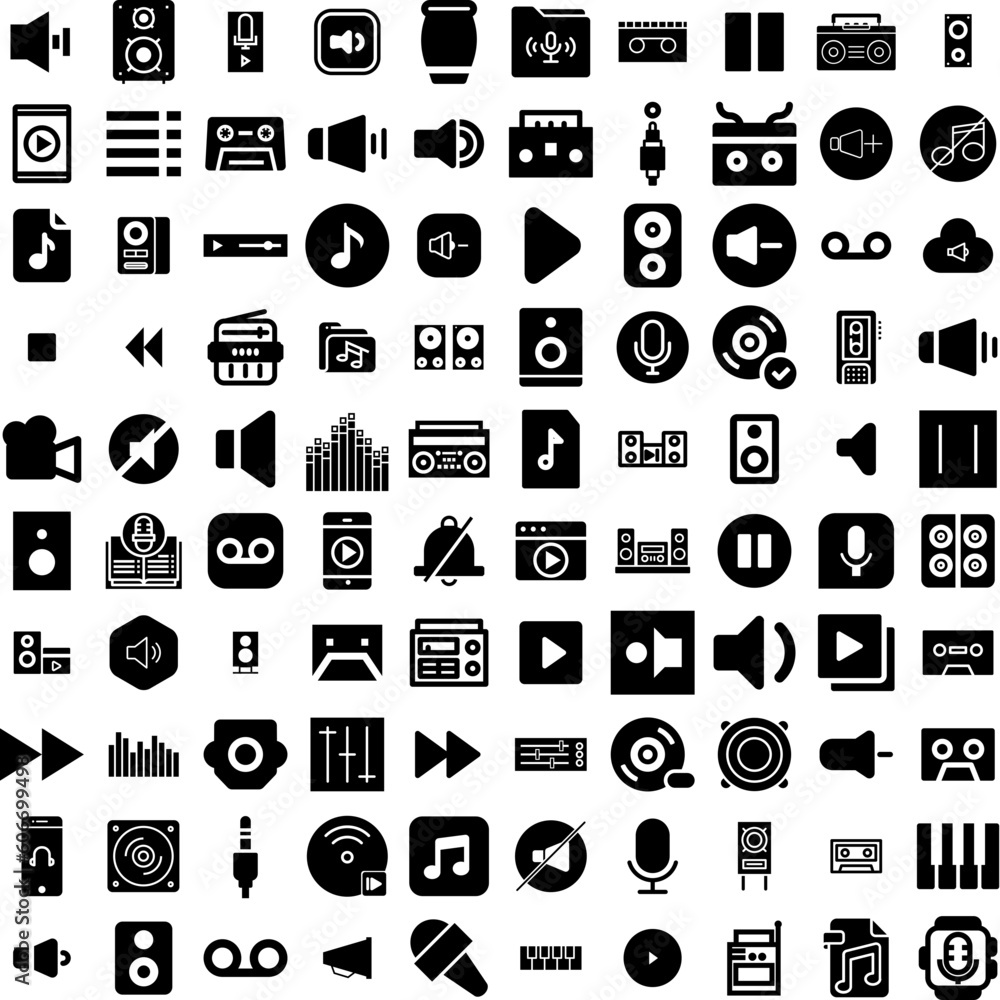 Collection Of 100 Audio Icons Set Isolated Solid Silhouette Icons Including Vector, Sound, Digital, Voice, Audio, Line, Music Infographic Elements Vector Illustration Logo