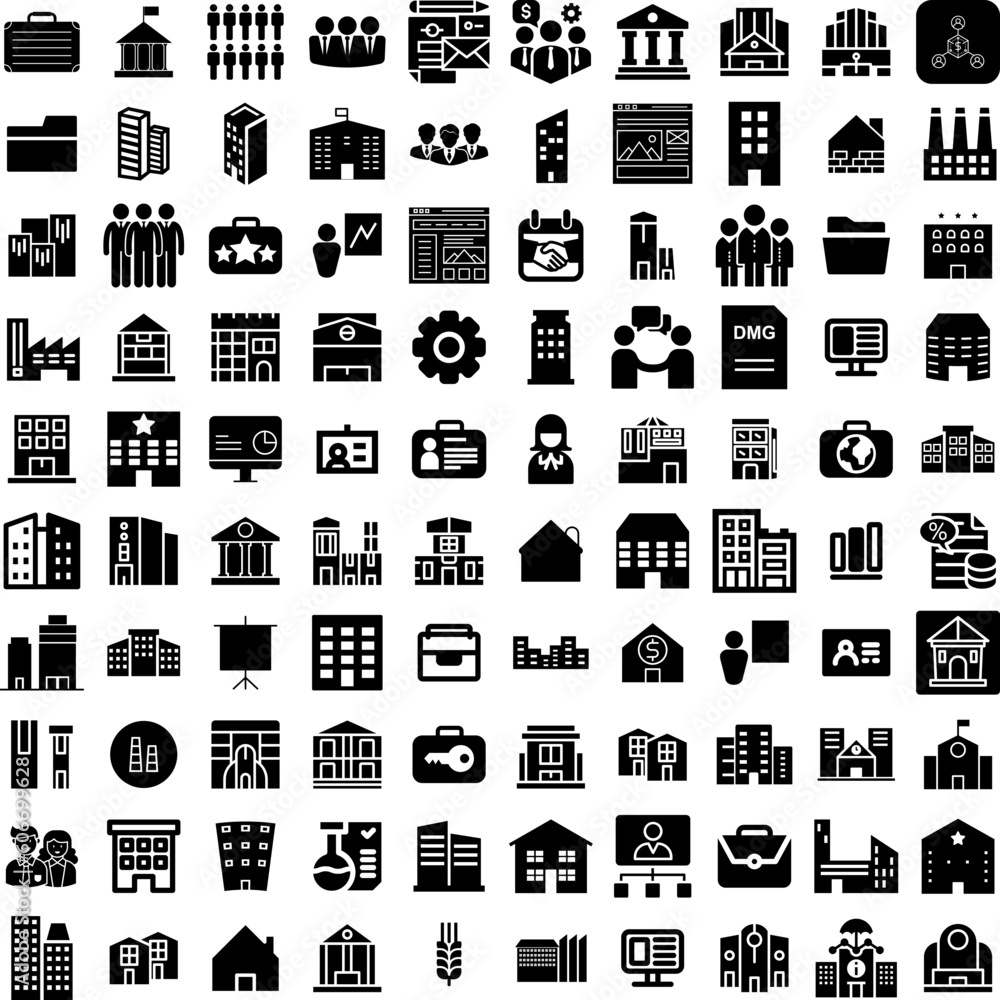 Collection Of 100 Company Icons Set Isolated Solid Silhouette Icons Including Meeting, Company, Business, Office, Teamwork, Technology, Corporate Infographic Elements Vector Illustration Logo