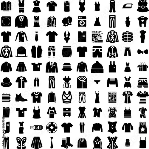Collection Of 100 Clothes Icons Set Isolated Solid Silhouette Icons Including Fashion, Cloth, Background, Clothes, Clothing, Fabric, Style Infographic Elements Vector Illustration Logo