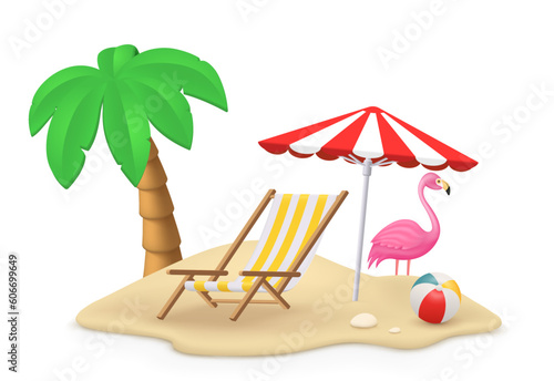 Summer beach island scene with sand and stones. Tropical landscape with palm tree, sun lounger with beach umbrella, flamingo, beach ball.