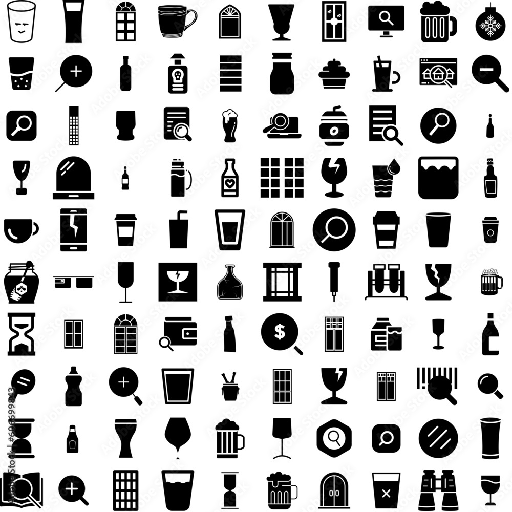 Collection Of 100 Glass Icons Set Isolated Solid Silhouette Icons Including Illustration, Object, Icon, Vector, Transparent, Glass, Sign Infographic Elements Vector Illustration Logo