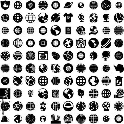 Collection Of 100 Earth Icons Set Isolated Solid Silhouette Icons Including Background, Planet, Map, Earth, Global, Globe, World Infographic Elements Vector Illustration Logo