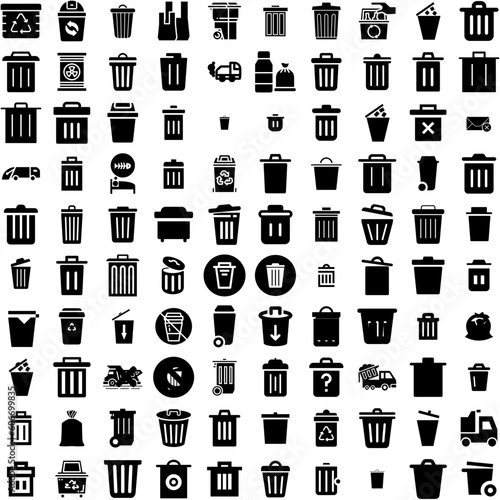 Collection Of 100 Garbage Icons Set Isolated Solid Silhouette Icons Including Garbage, Rubbish, Trash, Ecology, Plastic, Waste, Pollution Infographic Elements Vector Illustration Logo