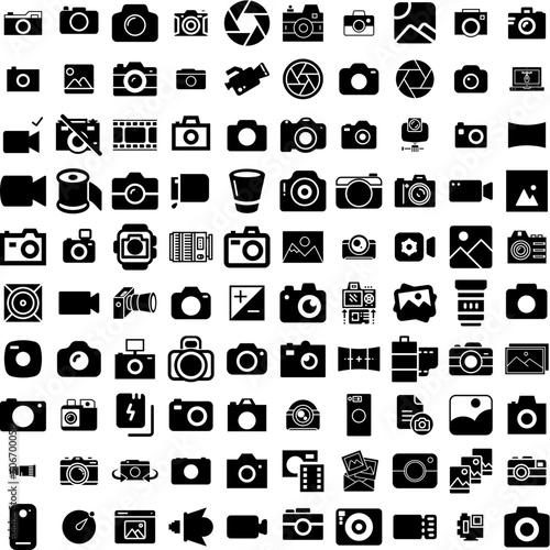 Collection Of 100 Photography Icons Set Isolated Solid Silhouette Icons Including Lens, Equipment, Photo, Photographer, Technology, Camera, Photography Infographic Elements Vector Illustration Logo