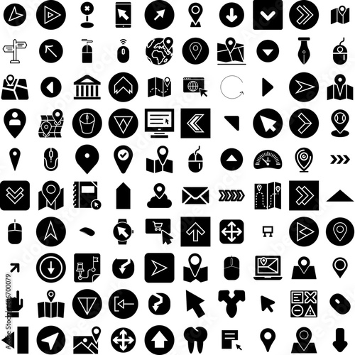 Collection Of 100 Pointer Icons Set Isolated Solid Silhouette Icons Including Sign, Vector, Icon, Web, Illustration, Symbol, Pointer Infographic Elements Vector Illustration Logo