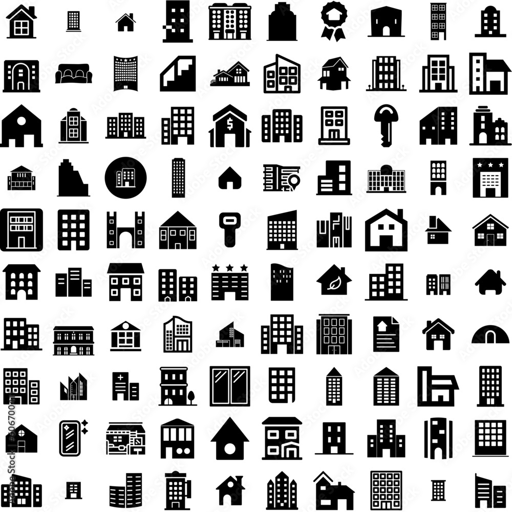 Collection Of 100 Apartment Icons Set Isolated Solid Silhouette Icons Including House, Architecture, Home, Estate, Modern, Residential, Apartment Infographic Elements Vector Illustration Logo