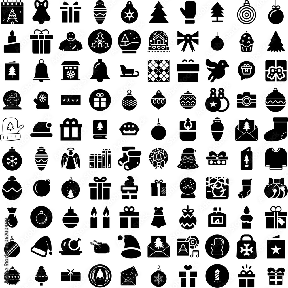 Collection Of 100 Christmas Icons Set Isolated Solid Silhouette Icons Including Christmas, Decoration, Winter, Merry, Holiday, Vector, Background Infographic Elements Vector Illustration Logo