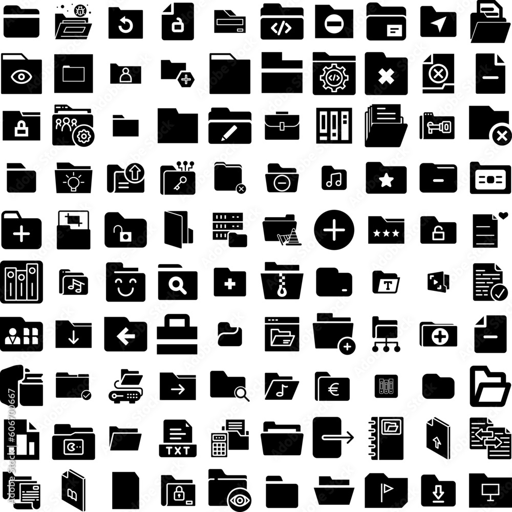 Collection Of 100 Folder Icons Set Isolated Solid Silhouette Icons Including File, Design, Folder, Document, Open, Business, Paper Infographic Elements Vector Illustration Logo