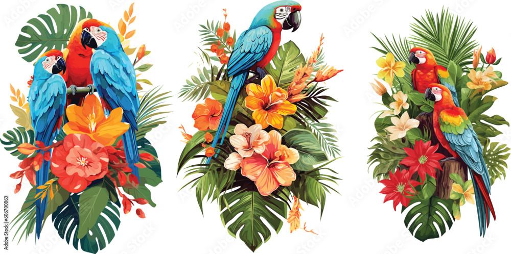 Vibrant Tropical Summer Arrangement - Vector Illustration with Parrots, Palm Leaves, and Exotic Flowers