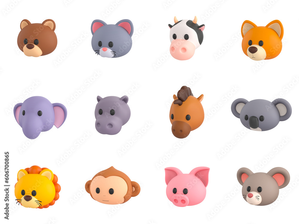 Cartoon animal head collection set 3d render 