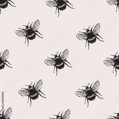 Bee. Hand drawn vector images of a seamless pattern on a gray background. © Alona