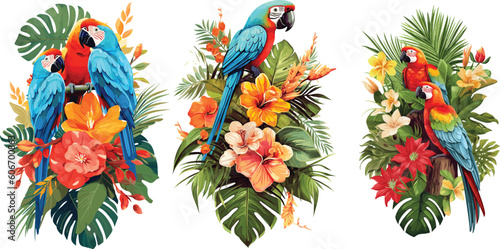 Vibrant Tropical Summer Arrangement - Vector Illustration with Parrots, Palm Leaves, and Exotic Flowers