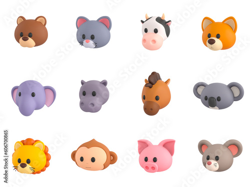 Cartoon animal head collection set 3d render 