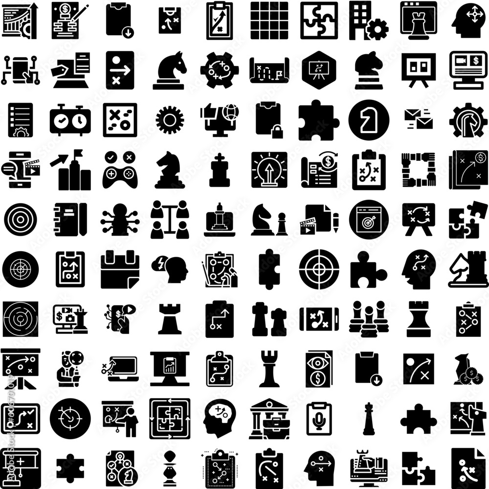 Collection Of 100 Strategy Icons Set Isolated Solid Silhouette Icons Including Plan, Business, Growth, Strategy, Success, Marketing, Concept Infographic Elements Vector Illustration Logo
