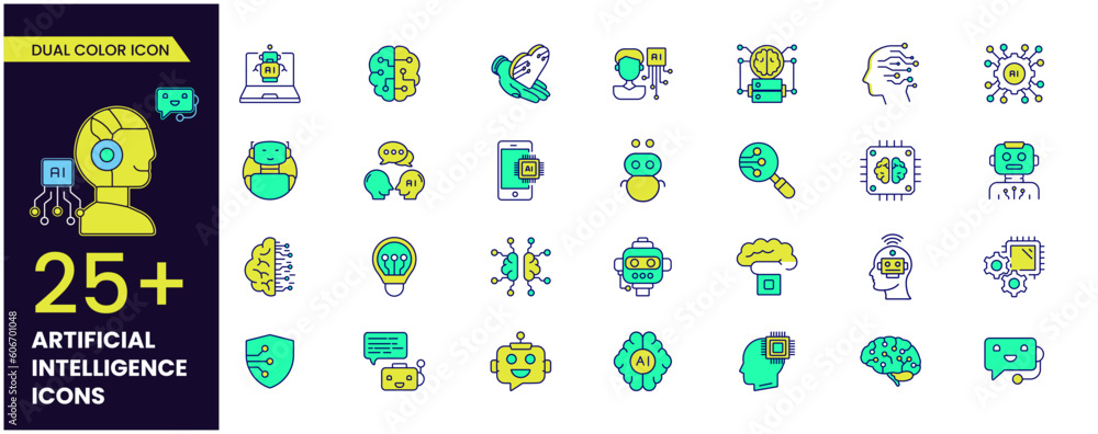 Vector artificial intelligence easy editable dual color icon set with ...
