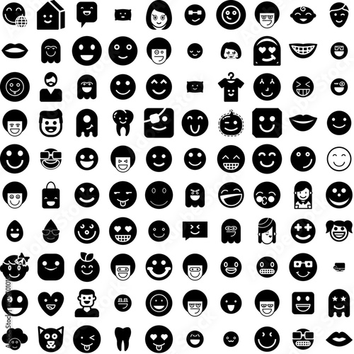 Collection Of 100 Smile Icons Set Isolated Solid Silhouette Icons Including Smile, Woman, Young, Cheerful, Isolated, Happy, Face Infographic Elements Vector Illustration Logo