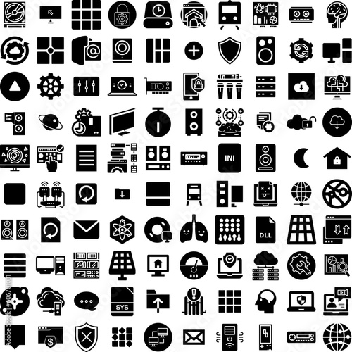 Collection Of 100 System Icons Set Isolated Solid Silhouette Icons Including System, Technology, Digital, Computer, Business, Data, Internet Infographic Elements Vector Illustration Logo