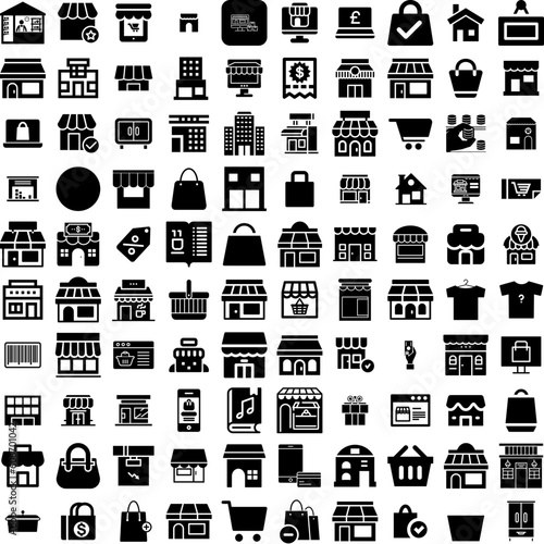 Collection Of 100 Store Icons Set Isolated Solid Silhouette Icons Including Sale, Retail, Market, Supermarket, Shop, Store, Business Infographic Elements Vector Illustration Logo