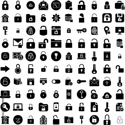 Collection Of 100 Unlock Icons Set Isolated Solid Silhouette Icons Including Password, Vector, Safe, Lock, Unlock, Icon, Open Infographic Elements Vector Illustration Logo