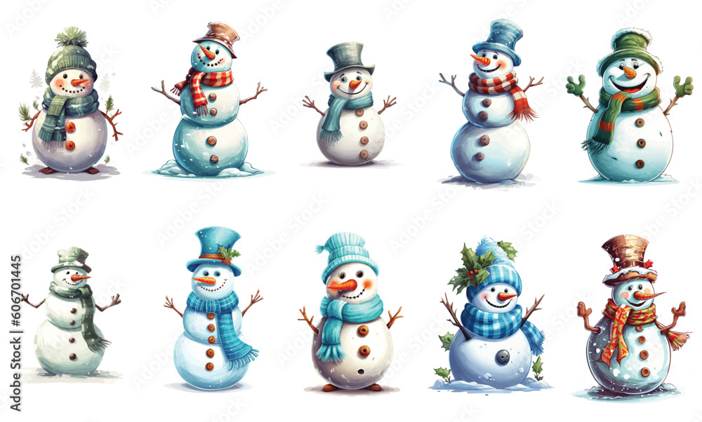 Funny Snowman Caricature Collection - Vector Illustrations on Isolated Background
