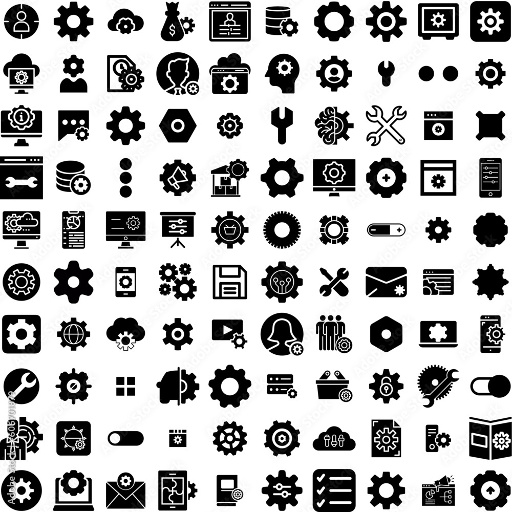 Collection Of 100 Setting Icons Set Isolated Solid Silhouette Icons Including Symbol, Illustration, Icon, Business, Vector, Technology, Gear Infographic Elements Vector Illustration Logo
