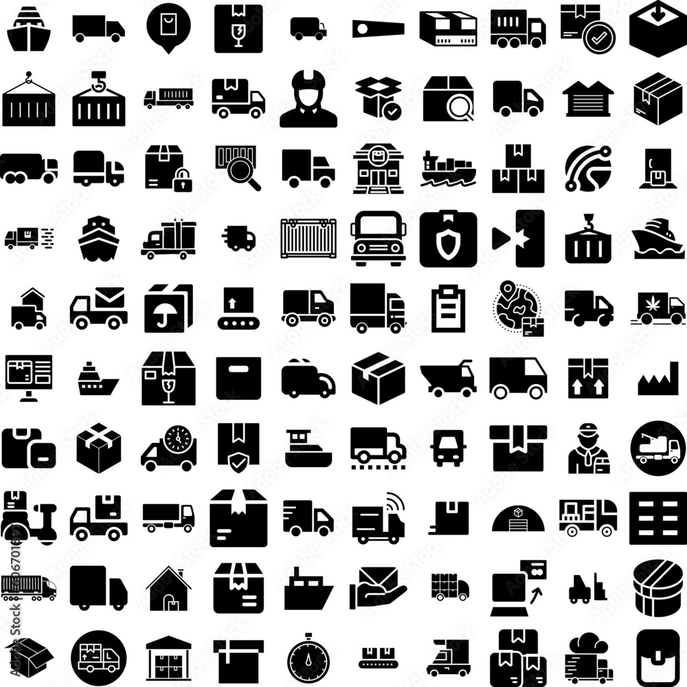 Collection Of 100 Shipping Icons Set Isolated Solid Silhouette Icons Including Transport, Container, Export, Ship, Cargo, Shipping, Transportation Infographic Elements Vector Illustration Logo