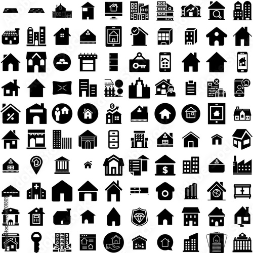 Collection Of 100 Property Icons Set Isolated Solid Silhouette Icons Including Property, Home, Mortgage, Estate, House, Business, Concept Infographic Elements Vector Illustration Logo