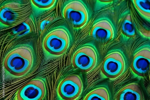 Green Blue Peacock Feathers Background, Generative Ai.