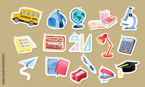 Adorable school supplies clipart cartoon stickers set. School bus, globe, books, abacus, sticky note, pen, notebook, sharpener stickers vector design. Back to school concept