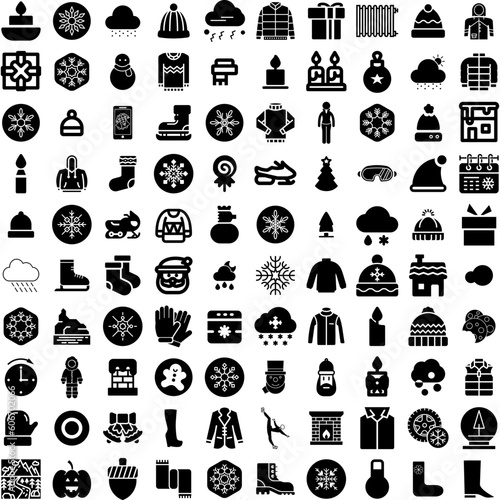 Collection Of 100 Winter Icons Set Isolated Solid Silhouette Icons Including Season  Winter  Blue  Design  Snow  Nature  Background Infographic Elements Vector Illustration Logo