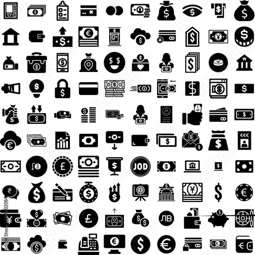 Collection Of 100 Money Icons Set Isolated Solid Silhouette Icons Including Dollar, Finance, Cash, Currency, Payment, Business, Money Infographic Elements Vector Illustration Logo