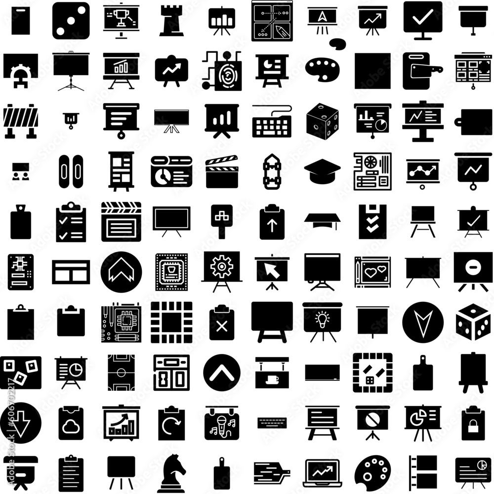 Collection Of 100 Board Icons Set Isolated Solid Silhouette Icons Including Blank, Background, Texture, Design, Empty, Wood, Board Infographic Elements Vector Illustration Logo