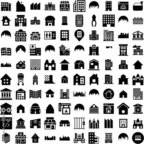 Collection Of 100 Building Icons Set Isolated Solid Silhouette Icons Including City, Building, Construction, Office, Business, Architecture, Urban Infographic Elements Vector Illustration Logo