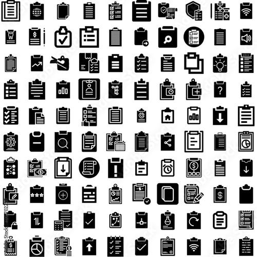 Collection Of 100 Clipboard Icons Set Isolated Solid Silhouette Icons Including Paper, Board, Office, Checklist, Clipboard, Document, Note Infographic Elements Vector Illustration Logo