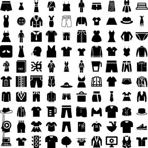 Collection Of 100 Clothing Icons Set Isolated Solid Silhouette Icons Including Style, Fashion, Cloth, Background, Clothes, Fabric, Clothing Infographic Elements Vector Illustration Logo