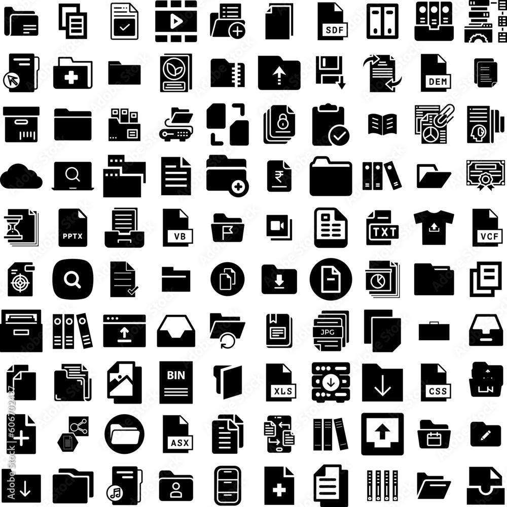 Collection Of 100 Files Icons Set Isolated Solid Silhouette Icons Including Management, Business, Icon, Document, Office, File, Information Infographic Elements Vector Illustration Logo