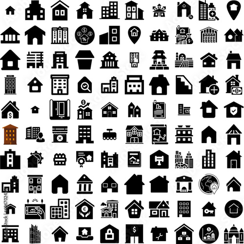Collection Of 100 Estate Icons Set Isolated Solid Silhouette Icons Including Property, Home, Real, House, Business, Estate, Investment Infographic Elements Vector Illustration Logo