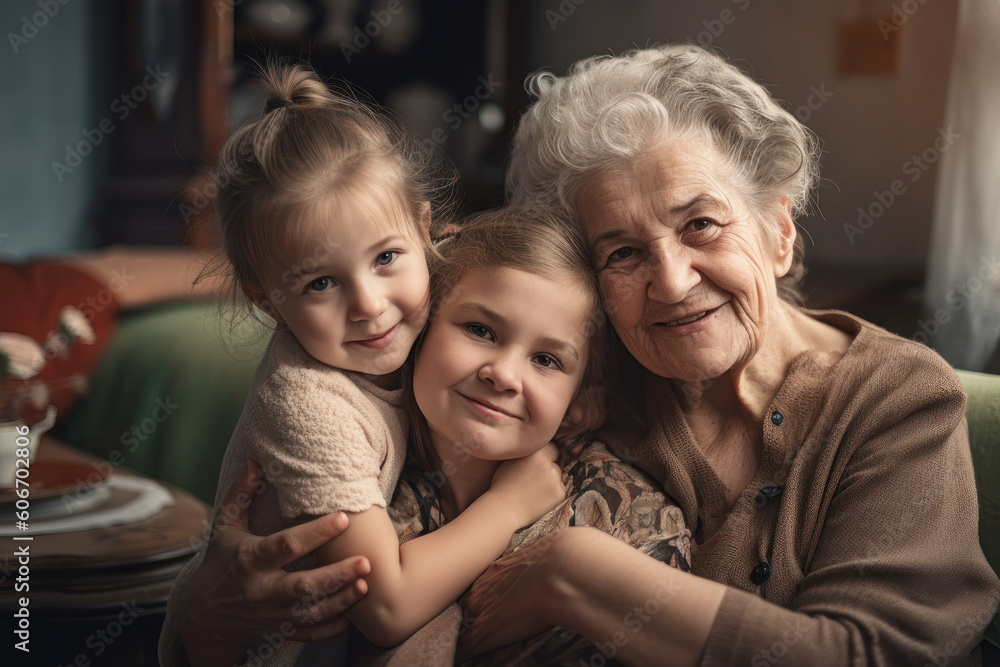 Grandmother and granddaughters are hugging and smiling while looking at the camera. Mothers Day. Photorealistic illustration generative AI. Grandmother and granddaughters are hugging and smiling while looking at the camera. Mothers Day. Photorealistic illustration generative AI.