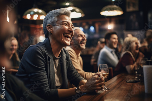 A forty-year-old woman laughs at a stand-up performance while sitting in a pub. Photorealistic illustration generative AI.