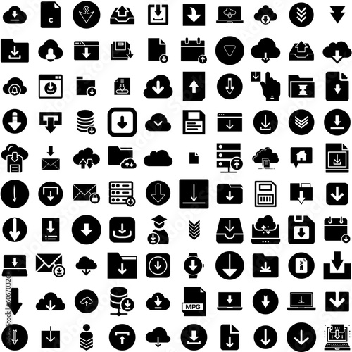 Collection Of 100 Download Icons Set Isolated Solid Silhouette Icons Including Vector, Web, Icon, Button, File, Download, Internet Infographic Elements Vector Illustration Logo