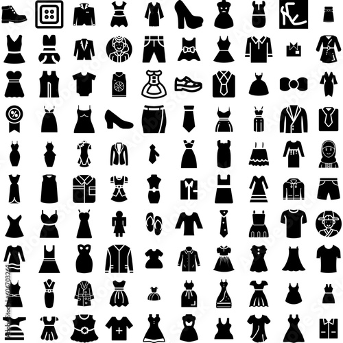 Collection Of 100 Dress Icons Set Isolated Solid Silhouette Icons Including Style, Female, Girl, Woman, Beautiful, Fashion, Dress Infographic Elements Vector Illustration Logo