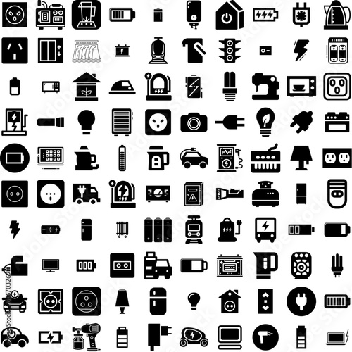 Collection Of 100 Electric Icons Set Isolated Solid Silhouette Icons Including Vehicle, Technology, Power, Station, Energy, Electricity, Car Infographic Elements Vector Illustration Logo