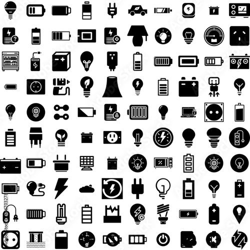 Collection Of 100 Electricity Icons Set Isolated Solid Silhouette Icons Including Lightning, Electric, Voltage, Power, Light, Energy, Electricity Infographic Elements Vector Illustration Logo
