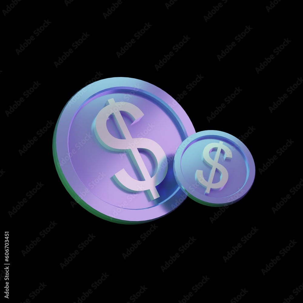 3d rendering metallic dollar coins icon isolated on black background. 3d illustration 3d rendering metallic dollar coins icon isolated on black background. 3d illustration