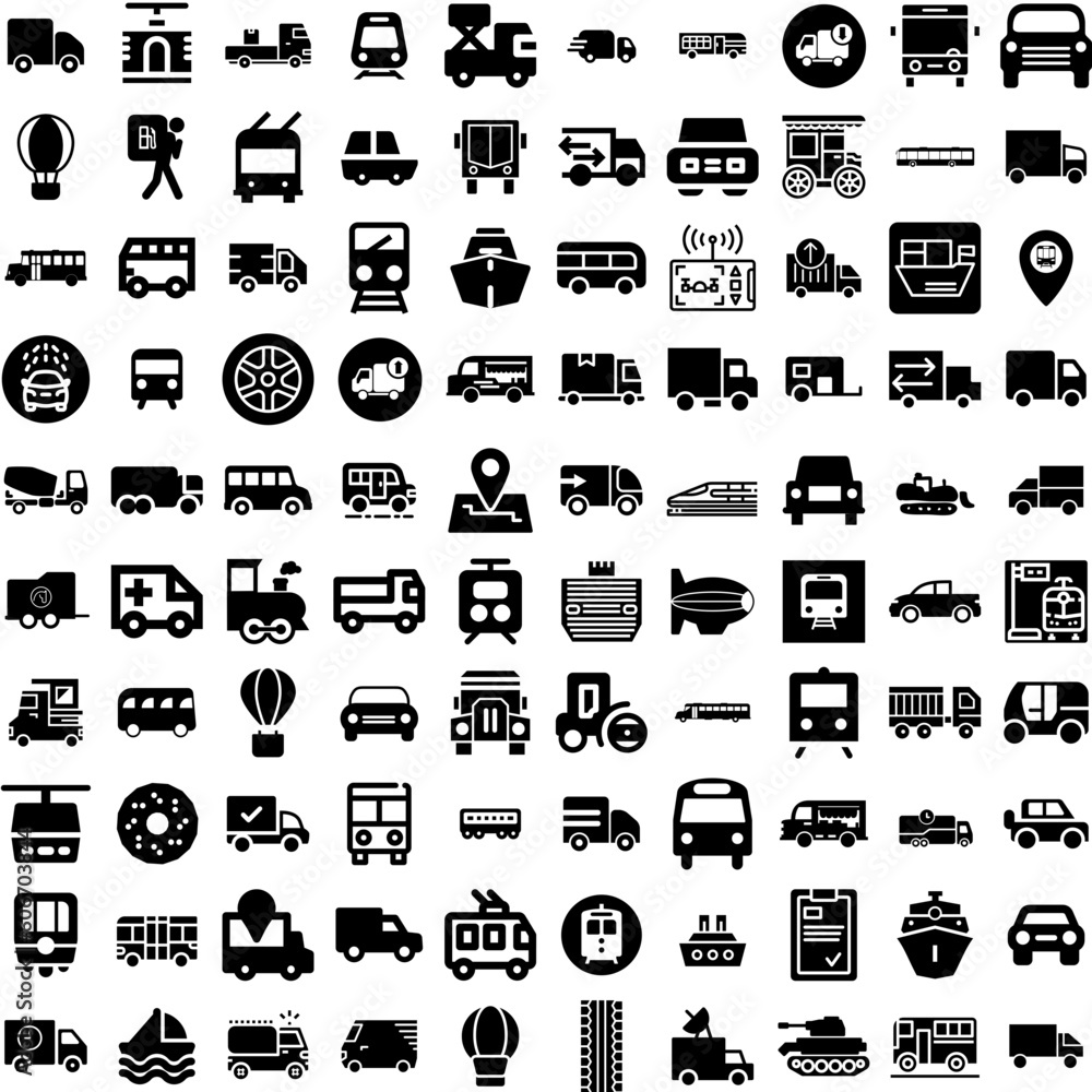 Collection Of 100 Transport Icons Set Isolated Solid Silhouette Icons Including Truck, Plane, Transport, Cargo, Transportation, Ship, Car Infographic Elements Vector Illustration Logo