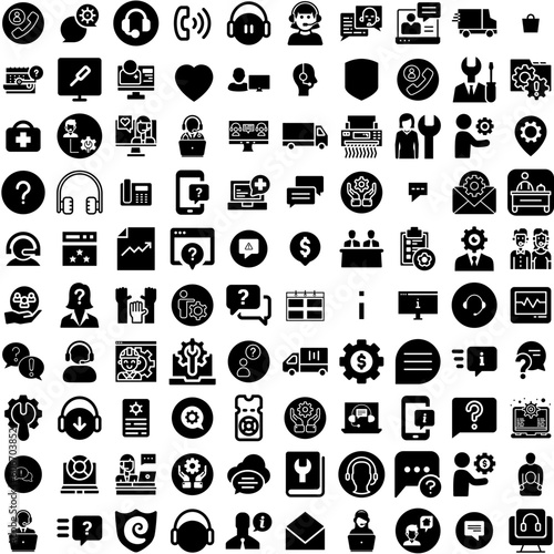 Collection Of 100 Support Icons Set Isolated Solid Silhouette Icons Including Support, Help, Vector, Service, Call, Customer, Business Infographic Elements Vector Illustration Logo
